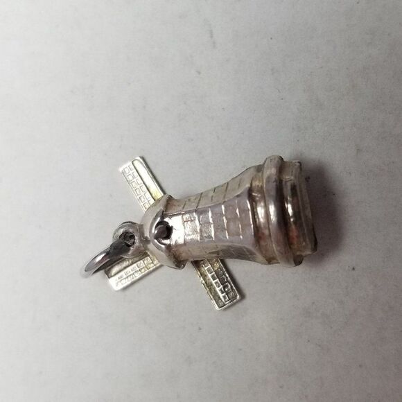 Vintage Windmill Charm Pendant, Silver Tone Unmarked Hollow, Moving Parts - Picture 3 of 6